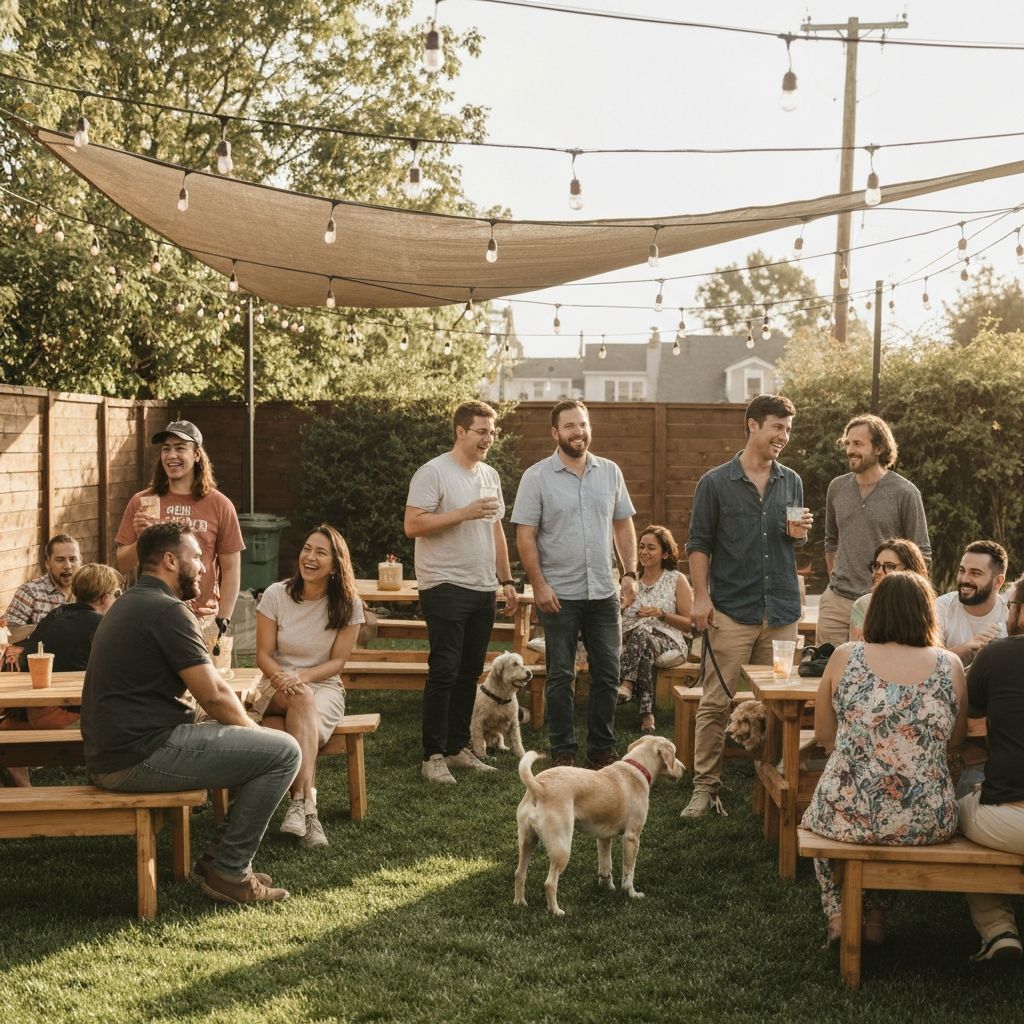 Community members gathering at an outdoor pop-up event with their dogs