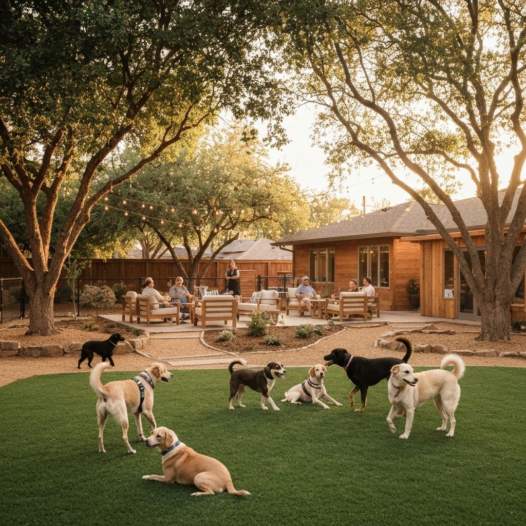 Dogs playing in a warm outdoor social space with people relaxing on a shaded patio