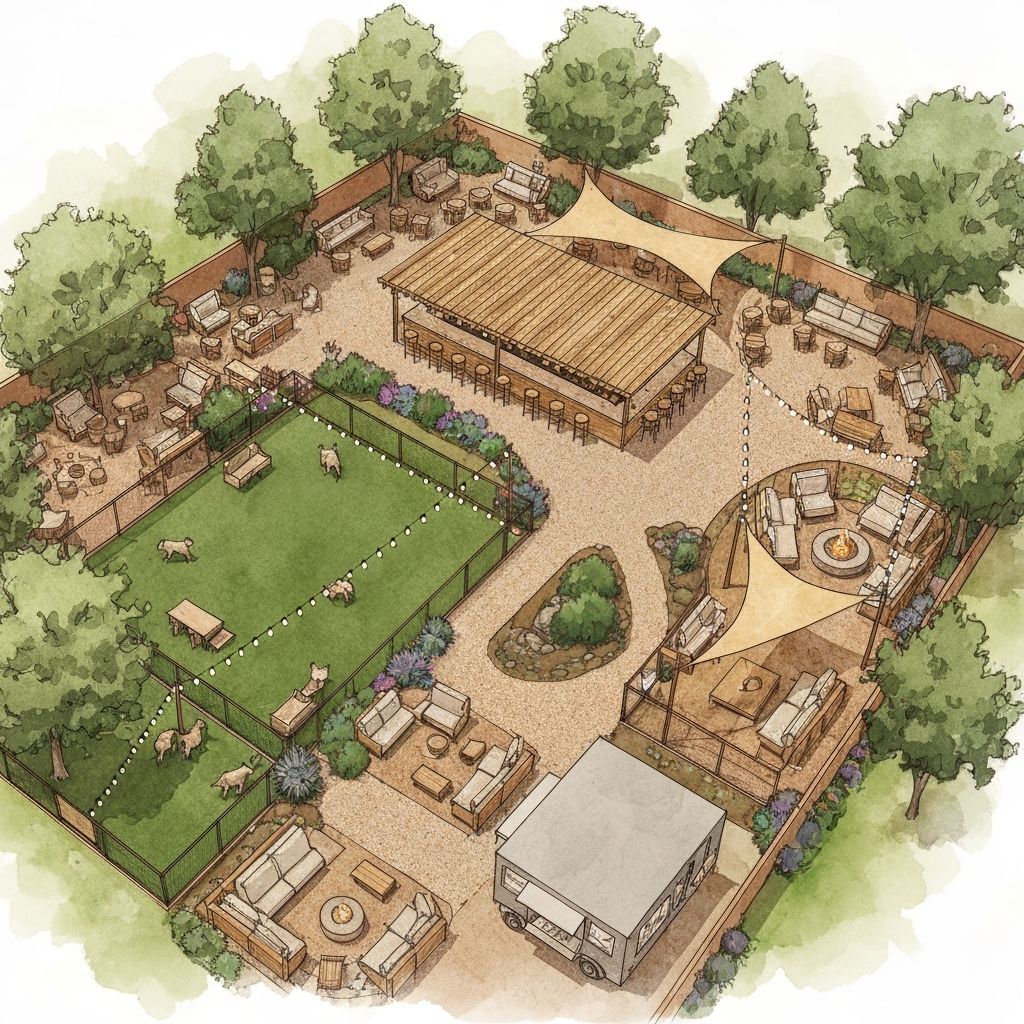 Concept rendering of the Boops Park outdoor social space with shaded patio and play areas